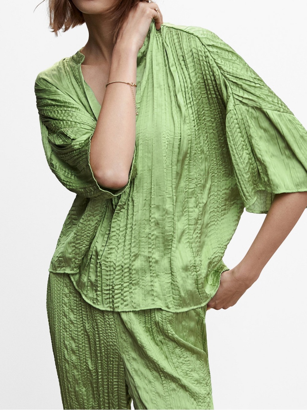Mango Green Satin Pleated Set